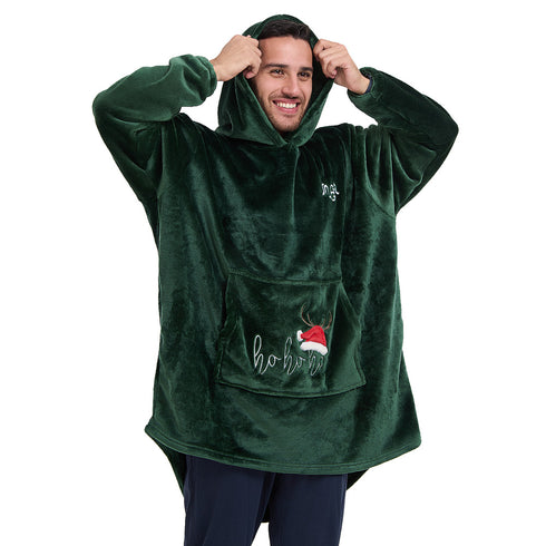 Snuggs Blanket Hoodie Dark Green Christmas Ho Ho Ho Pocket